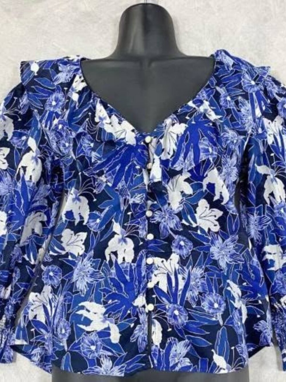Y2K LAUREN Ralph Lauren Women's Blue White Floral Blouse Ruffle Smocked Boho 2XL